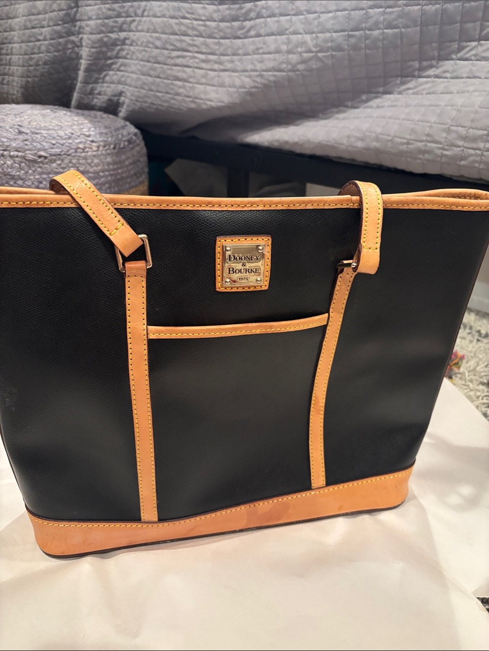 Dooney & Bourke Black with Tan Trim Leather Tote